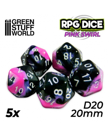 5x D20 20mm Dice - Pink Swirl