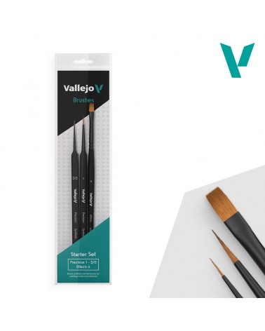 Set de pinceaux STARTER BRUSH SET ROUND NO.1, 3/0 TRIANGULAR HANDLE, FLAT NO.4, SYNTHETICS - Vallejo