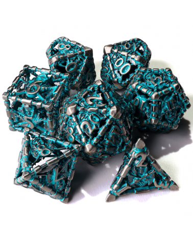 Grim Reaper Teal Glow Metal RPG Dice Set - 7 Pieces